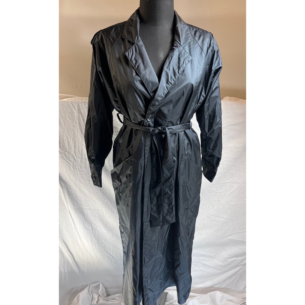 Vintage Pretense Black Nylon Trench Coat Belted Duster Rain Jacket Womens Size 8